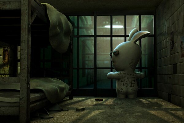 Animated rabbit sitting in prison