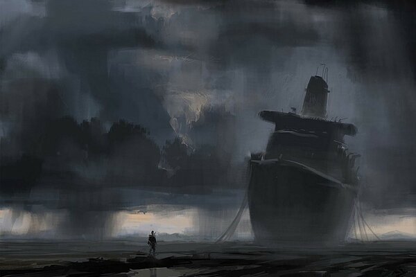 Рисунок маленького человека рядом с большим кораблем
