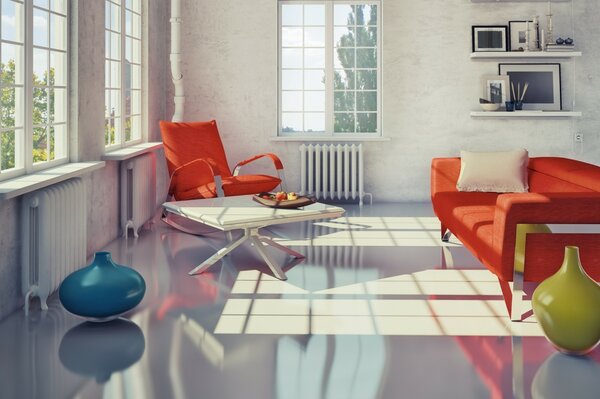 Современный дизайн комнаты с оранжевыми акцентами