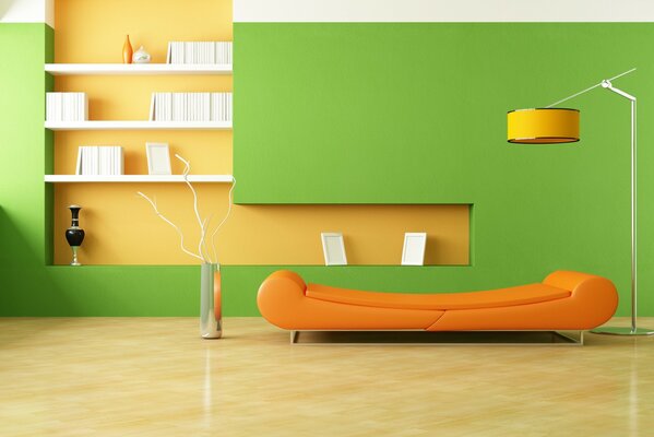 Design of the room in orange - green tones