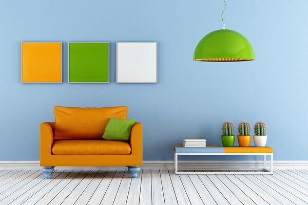 Projekt salonu w odcieniach pomarańczy, zieleni i bieli