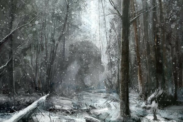 The monster wanders through the snow-covered forest