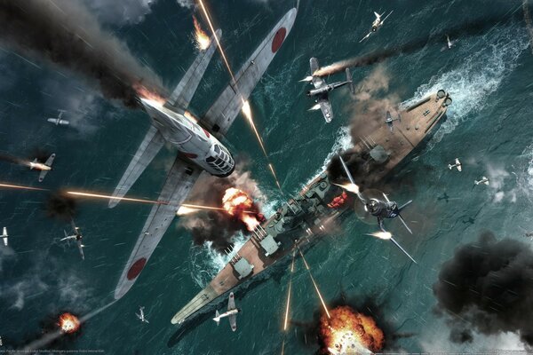 Un porte-avions bombarde un navire pendant la guerre