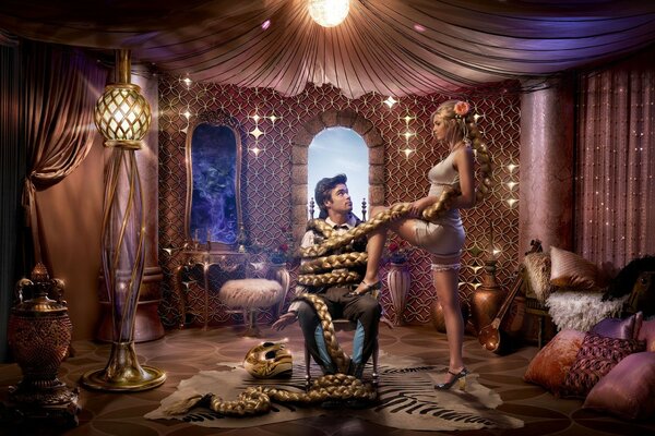 Brave Rapunzel wrapped the prince with her long braid