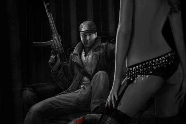 Black and white picture. A man with a gun and a woman s ass