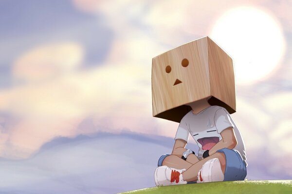A boy with a wooden box on his head