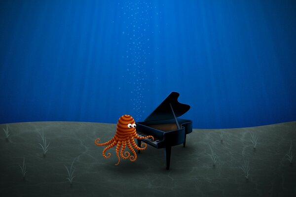 На рисунке осьминог играет на рояле на дне синего моря