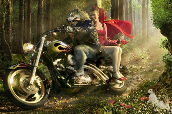 Art little Red Riding hood rides a motorcycle with a wolf