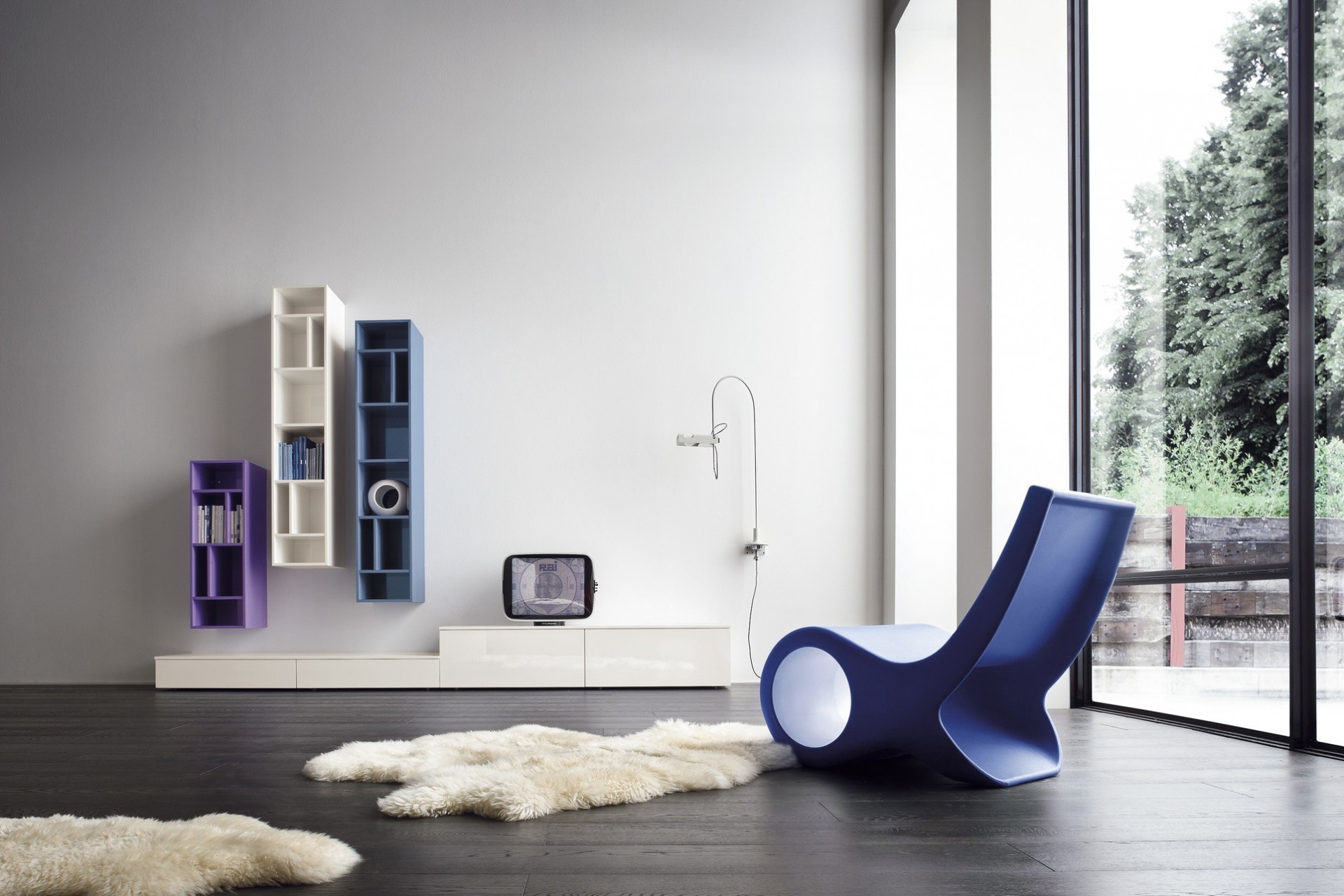 salon modern design weiß blau