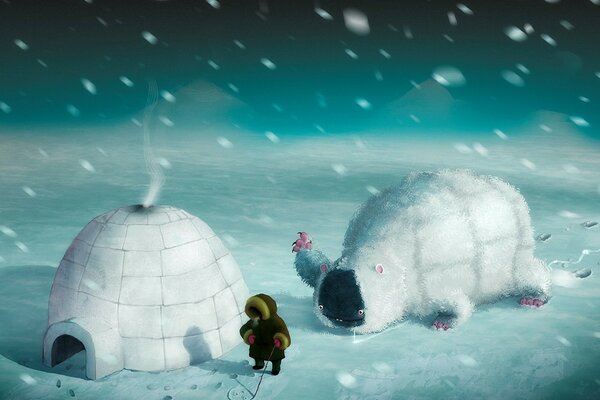 Drawing with a monster in the form of an igloo