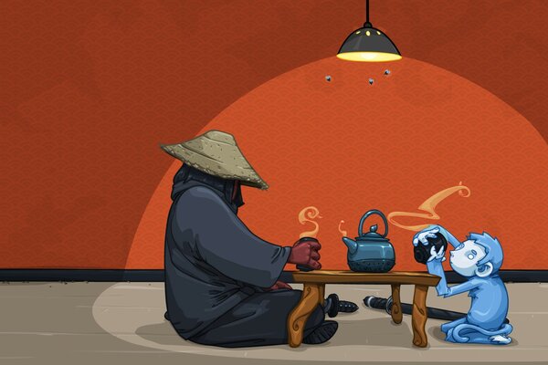 Chiński wojownik siedzi i pije herbatę z małpką