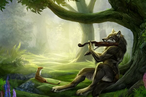 Bosque fantástico con el lobo violinista