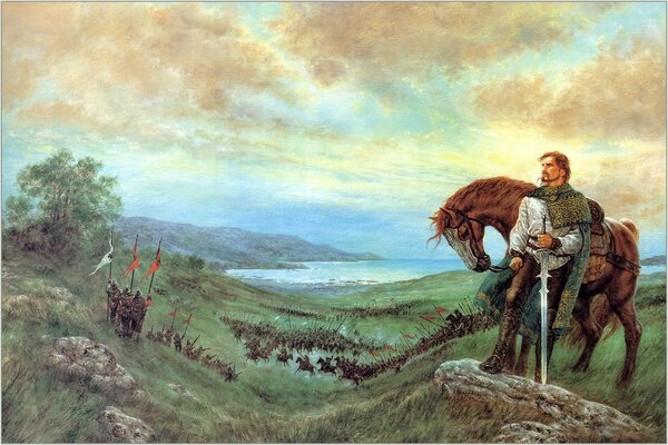 Obraz rosyjski bohater z koniem na polu bitwy