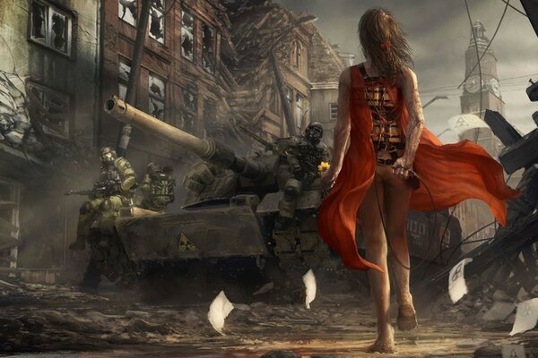 Soldiers in a ruined city to meet a girl in a red dress