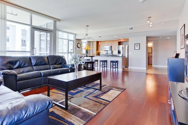 Stylish living room in a modern apartment with leather sofas and a bar counter