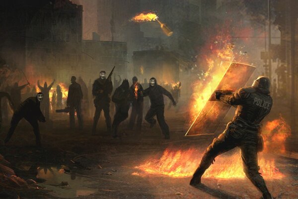 A policeman defends himself from the fire of protesters