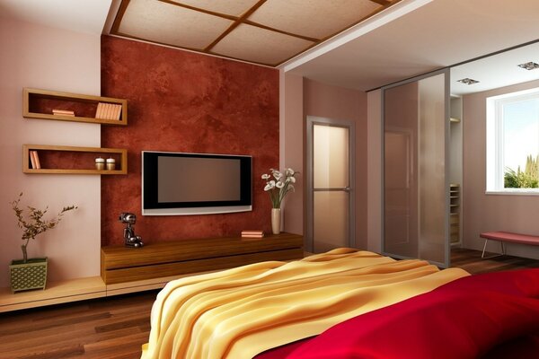 Bedroom interior in red colors