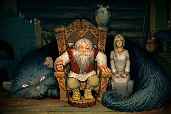 Conte de fées Folklore sur un forestier, un chat hibou, un brownie et sa petite-fille