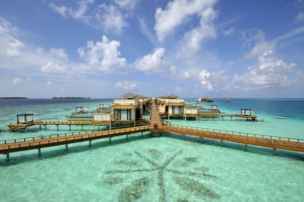 Turquoise sea and wooden bridges in the Maldives