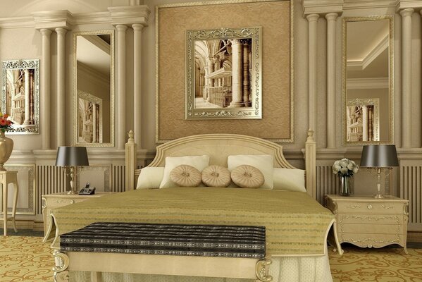 A spacious bed in a beige room