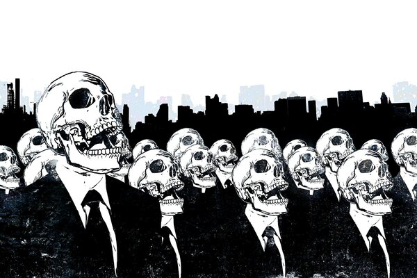 A crowd of residents with white skulls