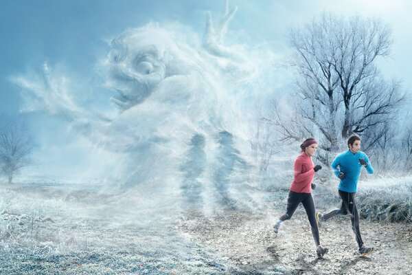 Jogging in winter morning, sports in winter, running in winter