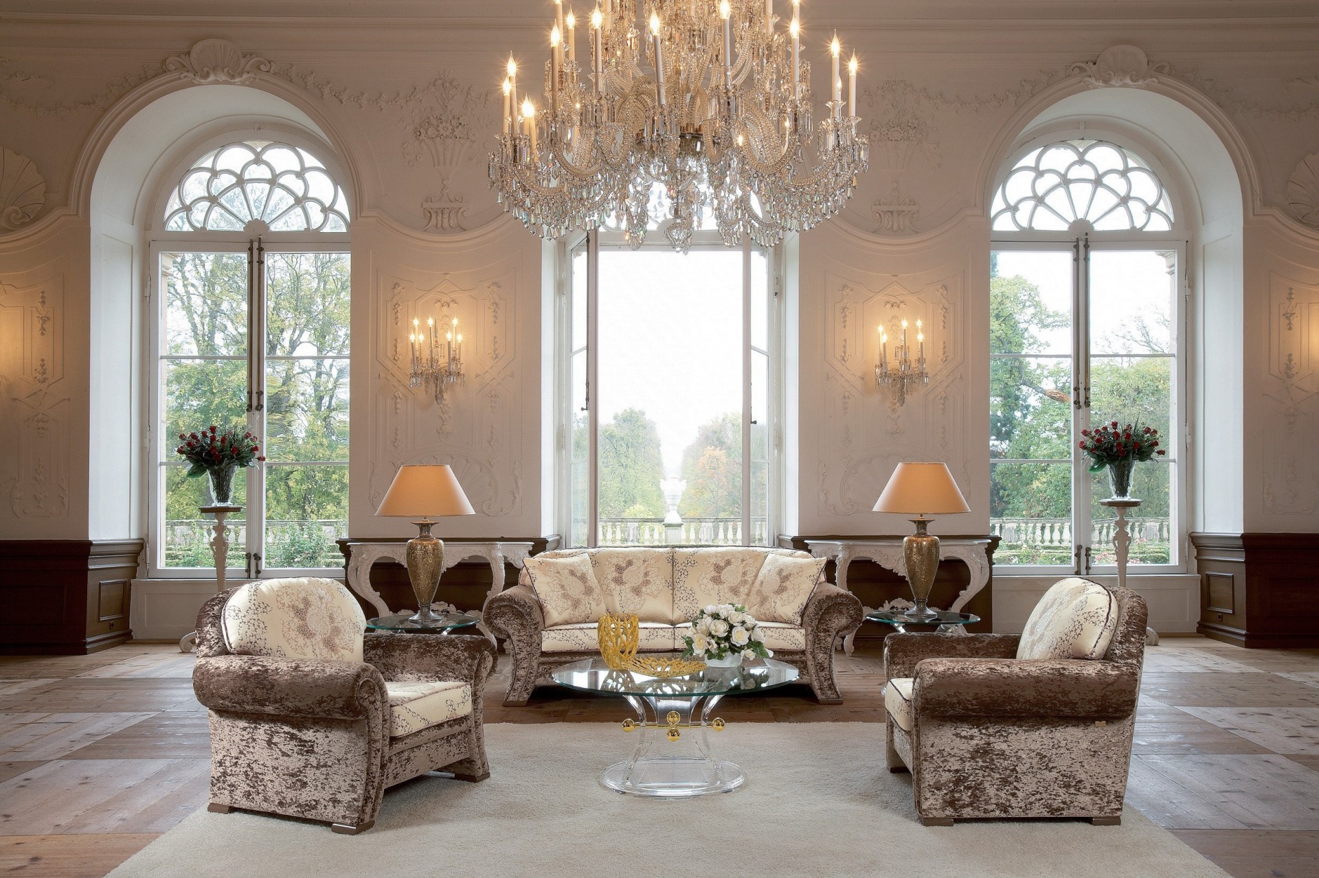 chandelier house castle design sofa roses vase style table large windows furniture salon armchairs light