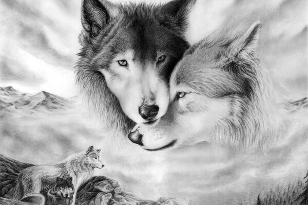 Dessin d un couple de loups dans un regard d amour et de tendresse