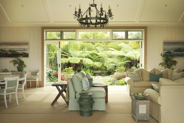 Stylish villa design, greenery outside the window