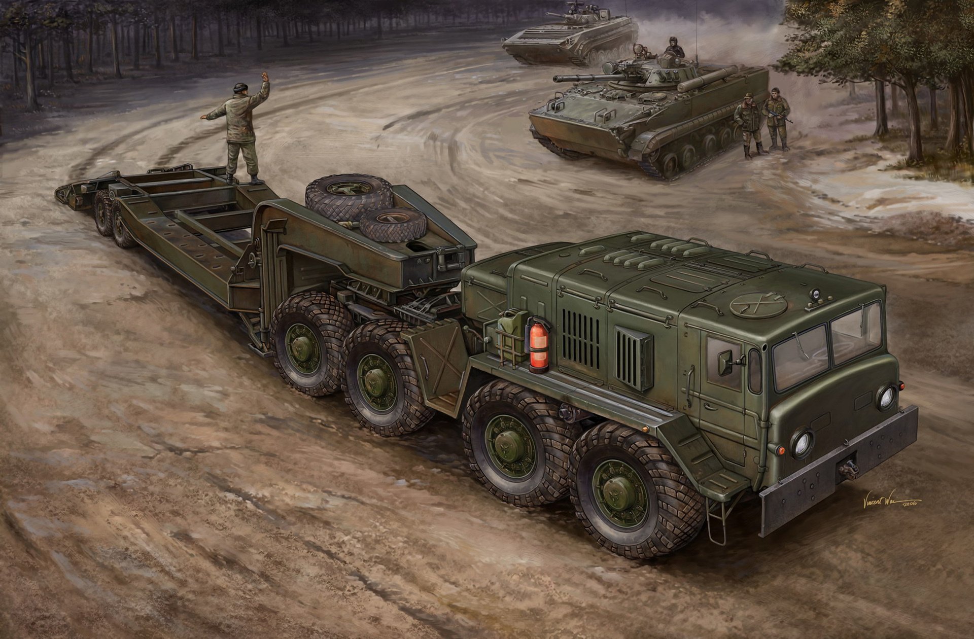 art transporter tractor maz-537 military four-axle saddle on car mounted cylinder diesel engine d-12a-525a designed for transportation cargo weighing up to 50 tons loading bmp-3 russia artist vincent vai