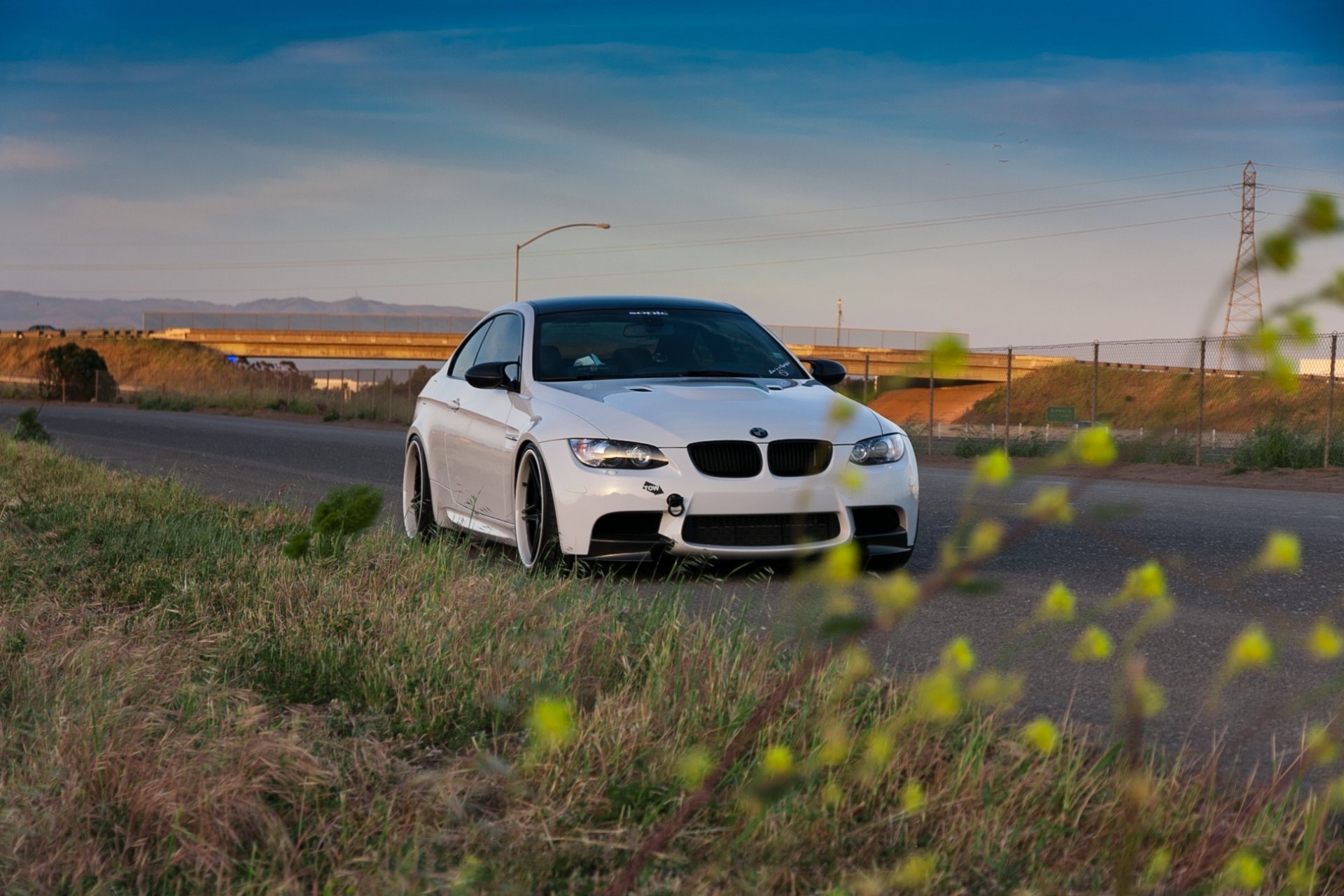 bmw m3 e92 white bmw evening road curb