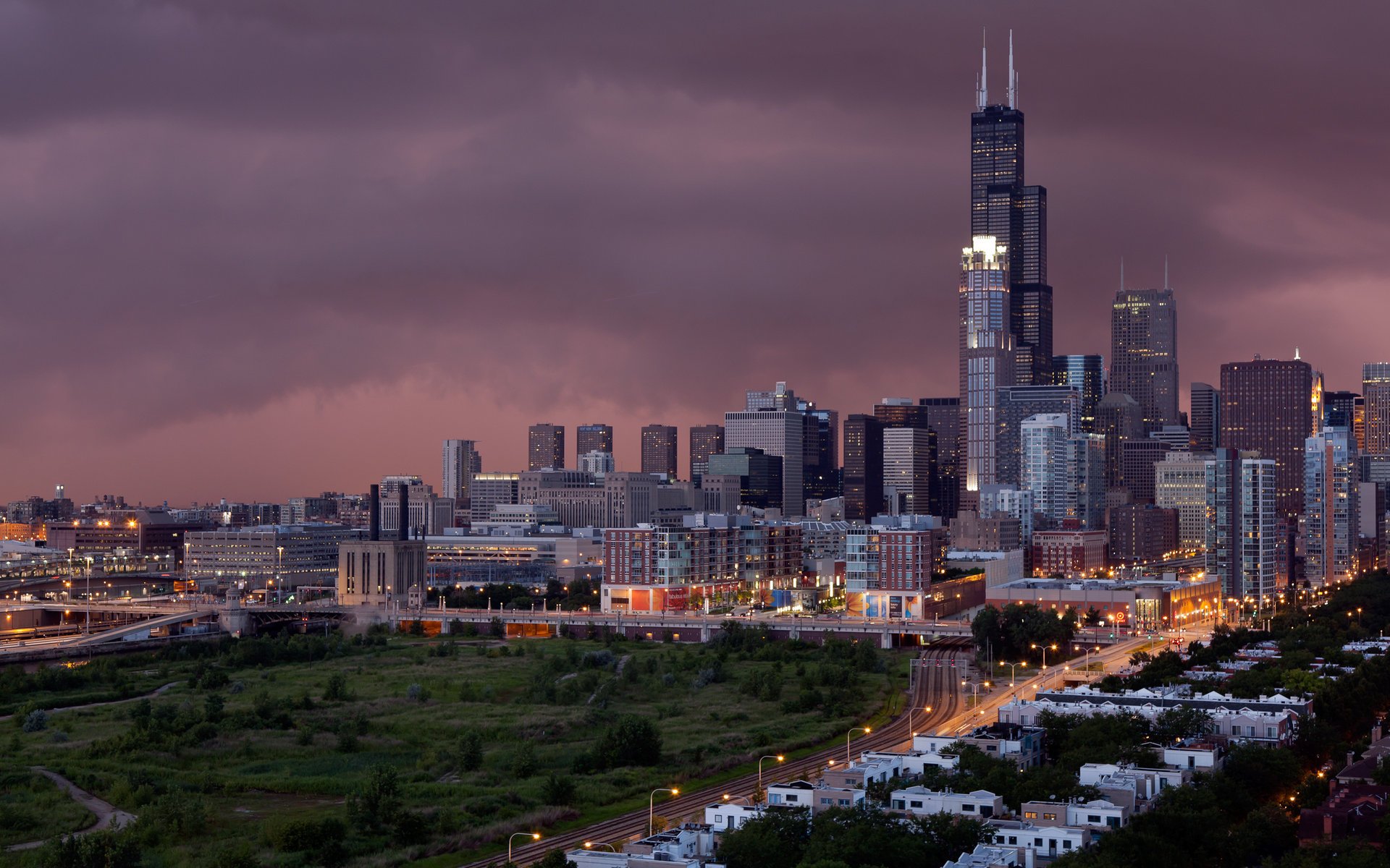 miasto burza budynki niebo światło drogi domy chmury chicago