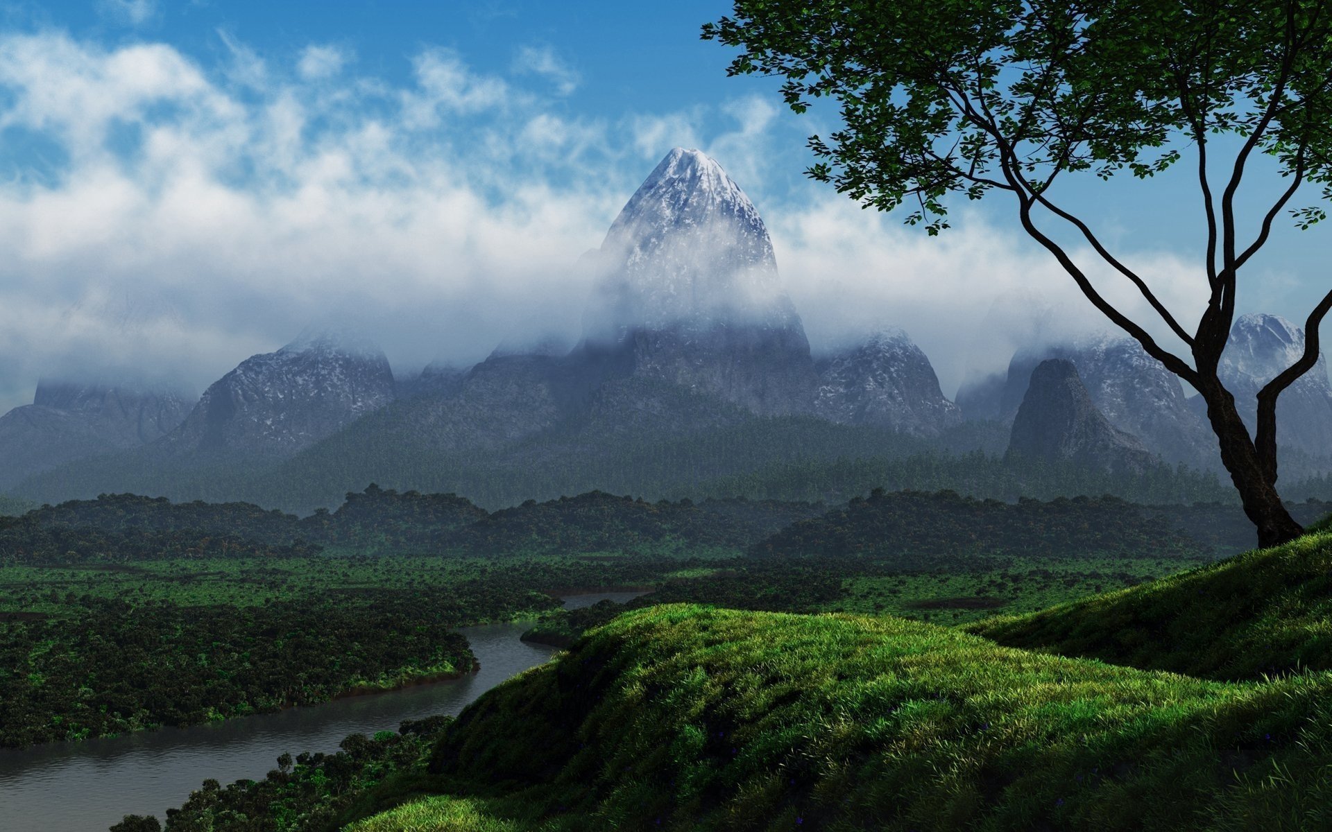 natur grün wolken hügel fluss bäume berg rauch