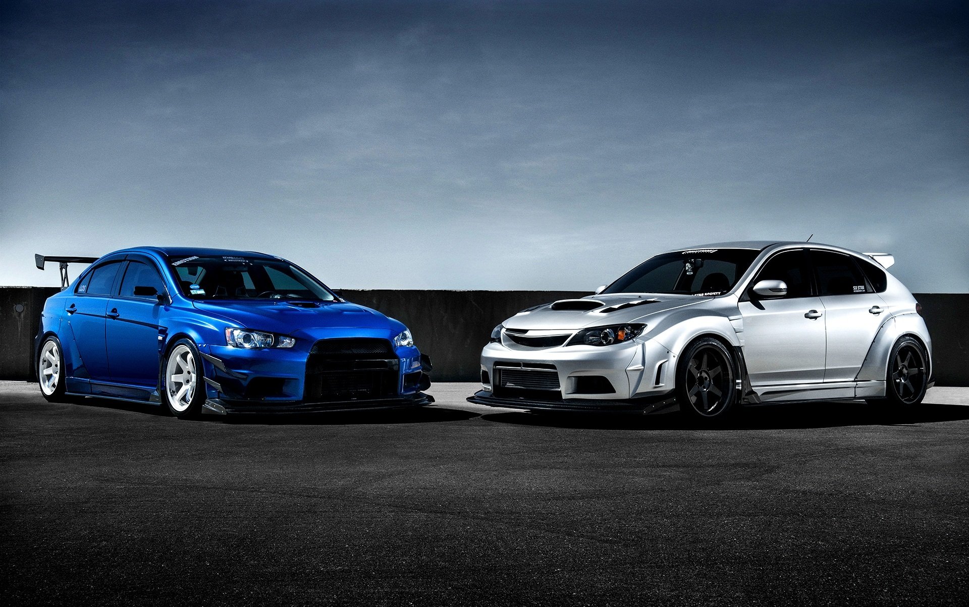 mitsubishi professione evoluzione x blu subaru impreza sti argento anteriore auto kit carrozzeria