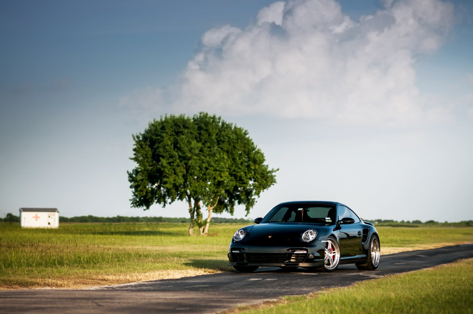 porsche 911 turbo negro frente porsche árbol cielo