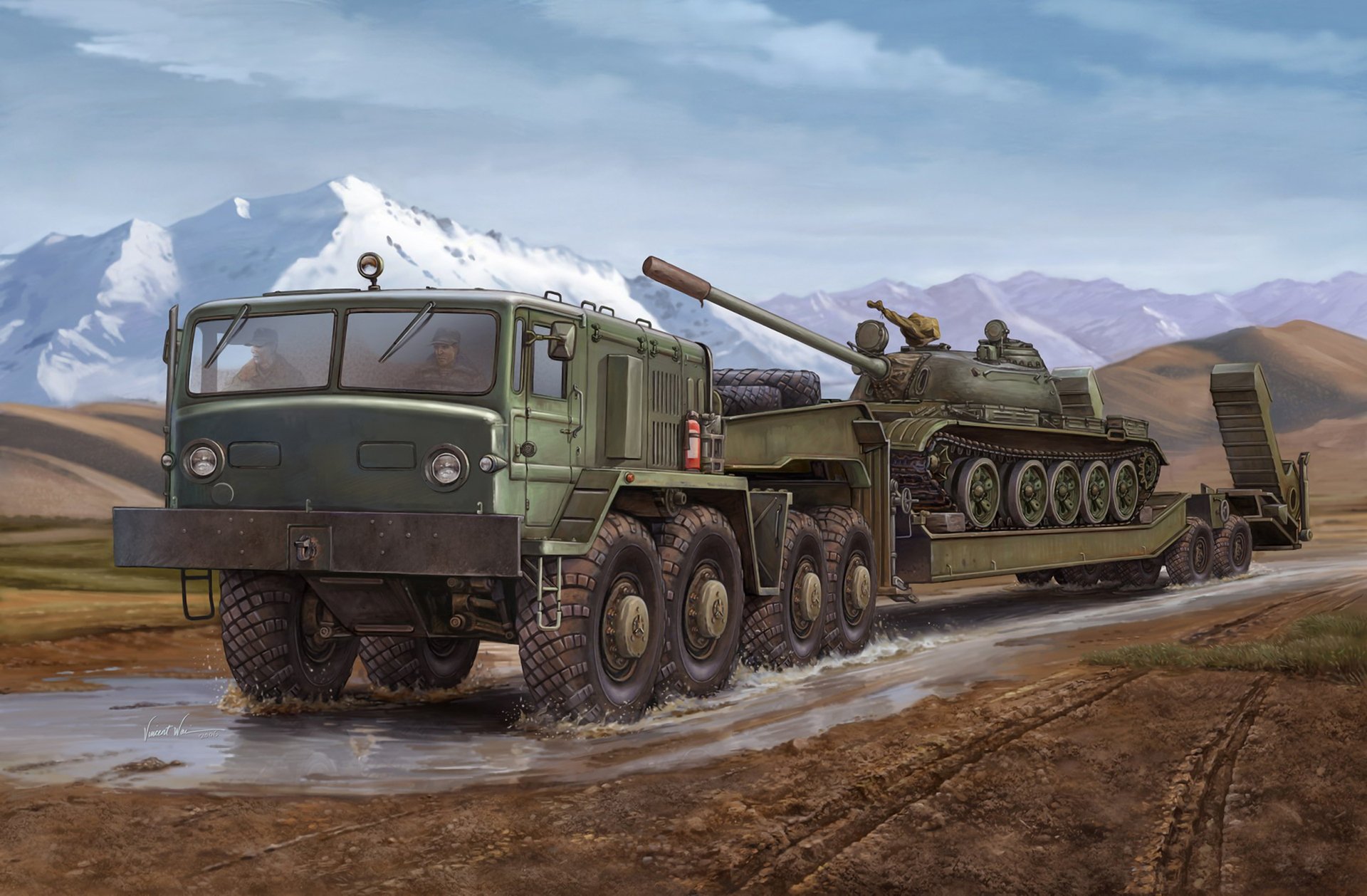 art transporter tractor maz-537 military four-axle saddle on car mounted cylinder diesel engine d-12a-525a designed for transportation cargo with tank trailer t-55 russia artist vincent vai