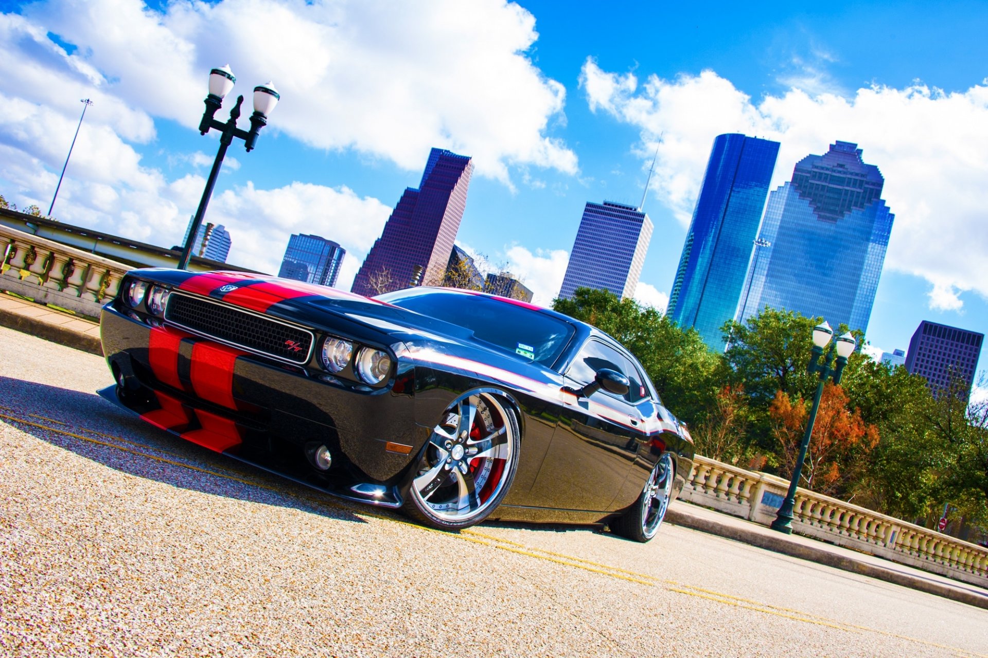 dodge challenger r/t black dodge challenger bridge lanterns sky cloud