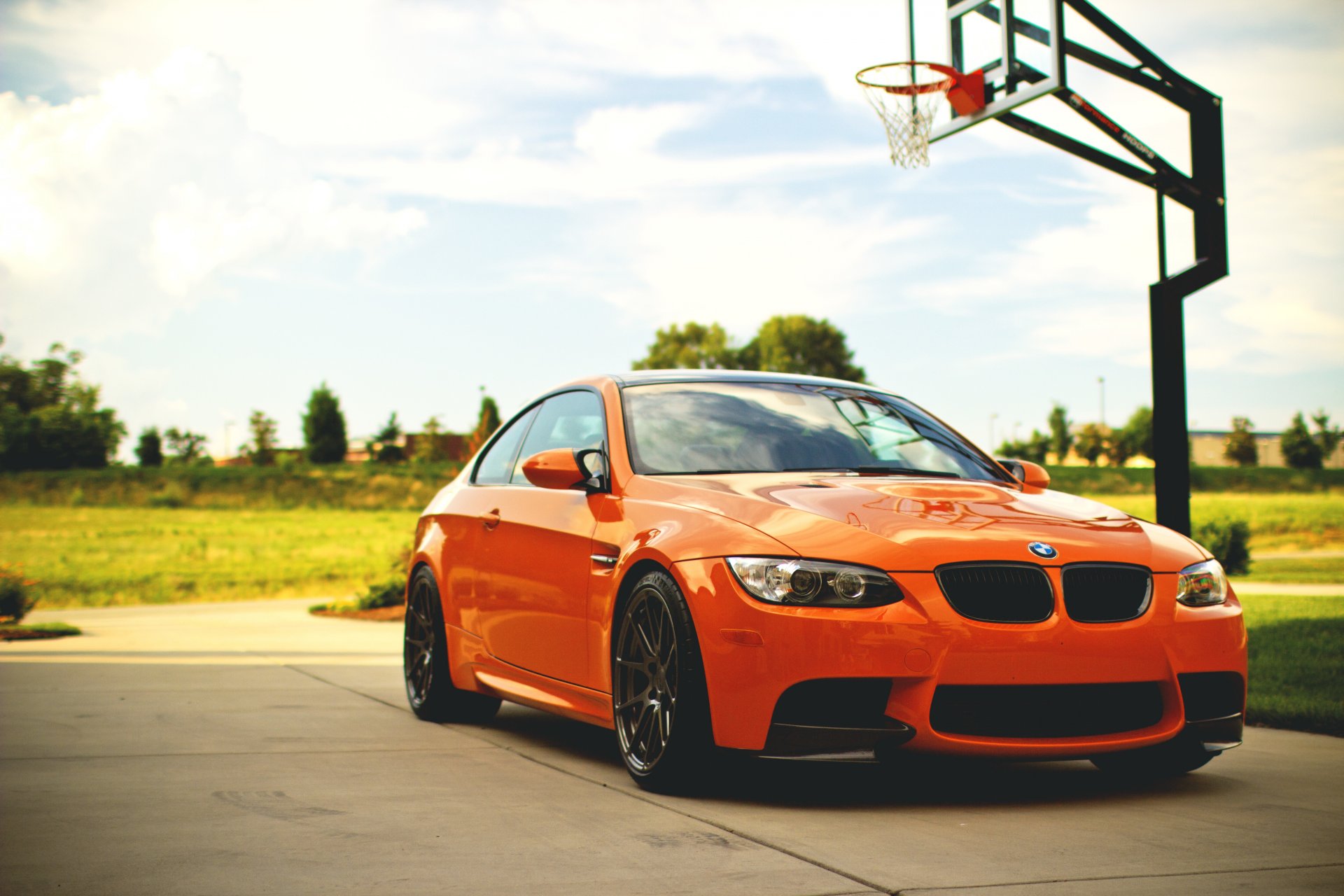 bmw m3 e92 orange bmw basketball court sky cloud