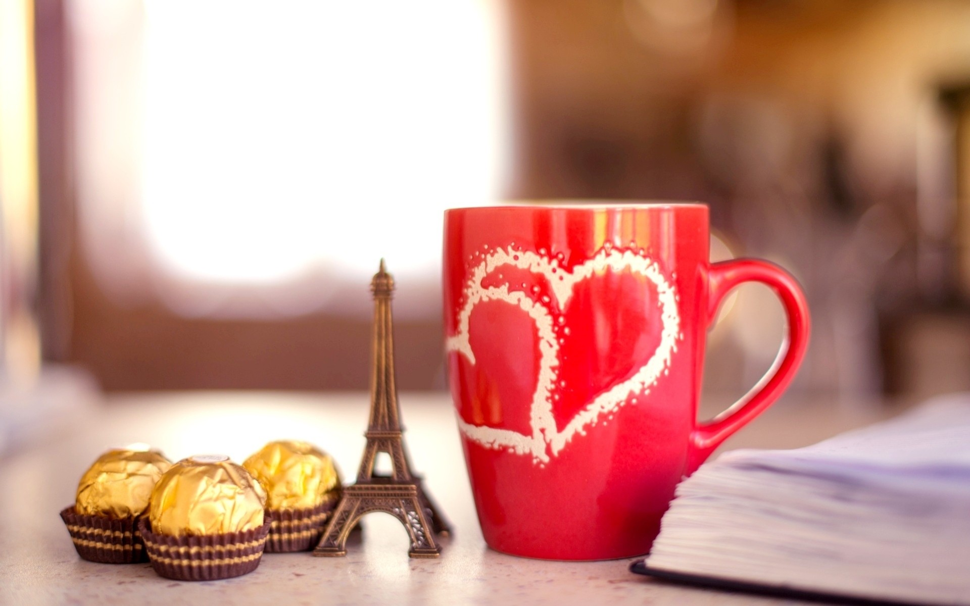 candy mug widescreen red mood book eiffel tower full screen wallpaper chocolate notebook background