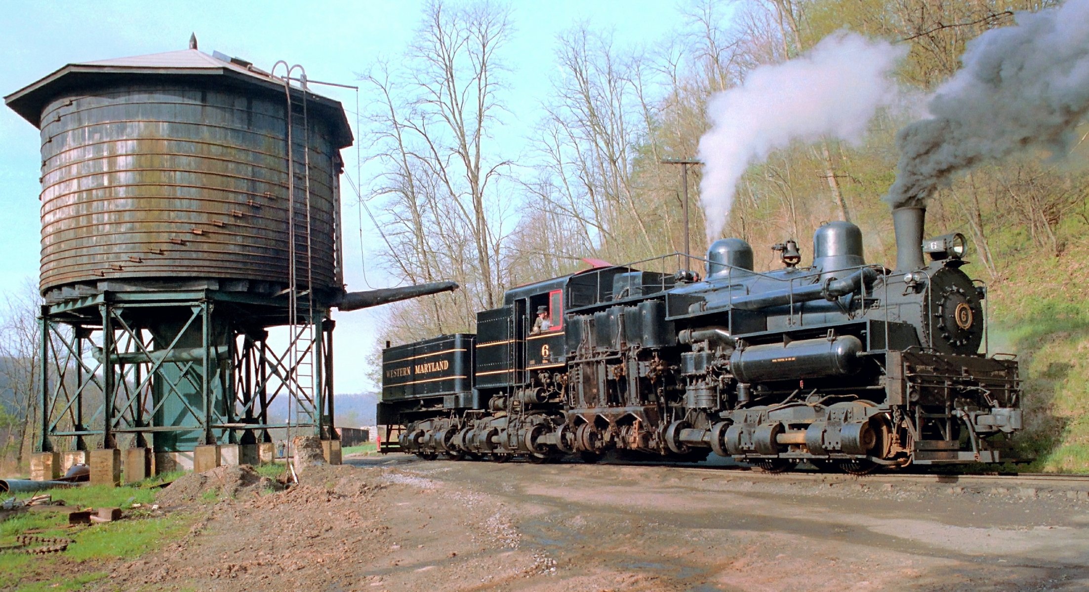 railroad western maryland virginia water tower steam engine shai number 6 filling with water pairs smoke