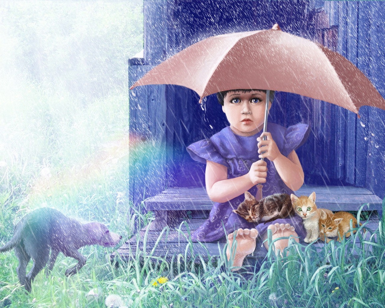 lluvia paraguas niña animales gatitos perro hierba dibujo