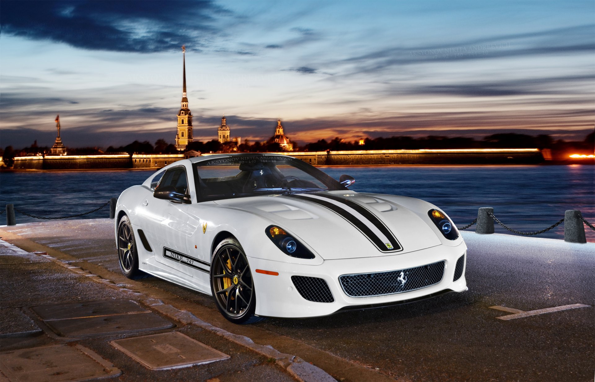 ferrari 599 gto 2-sitzer sportwagen supersportwagen fluss promenade abend lichter