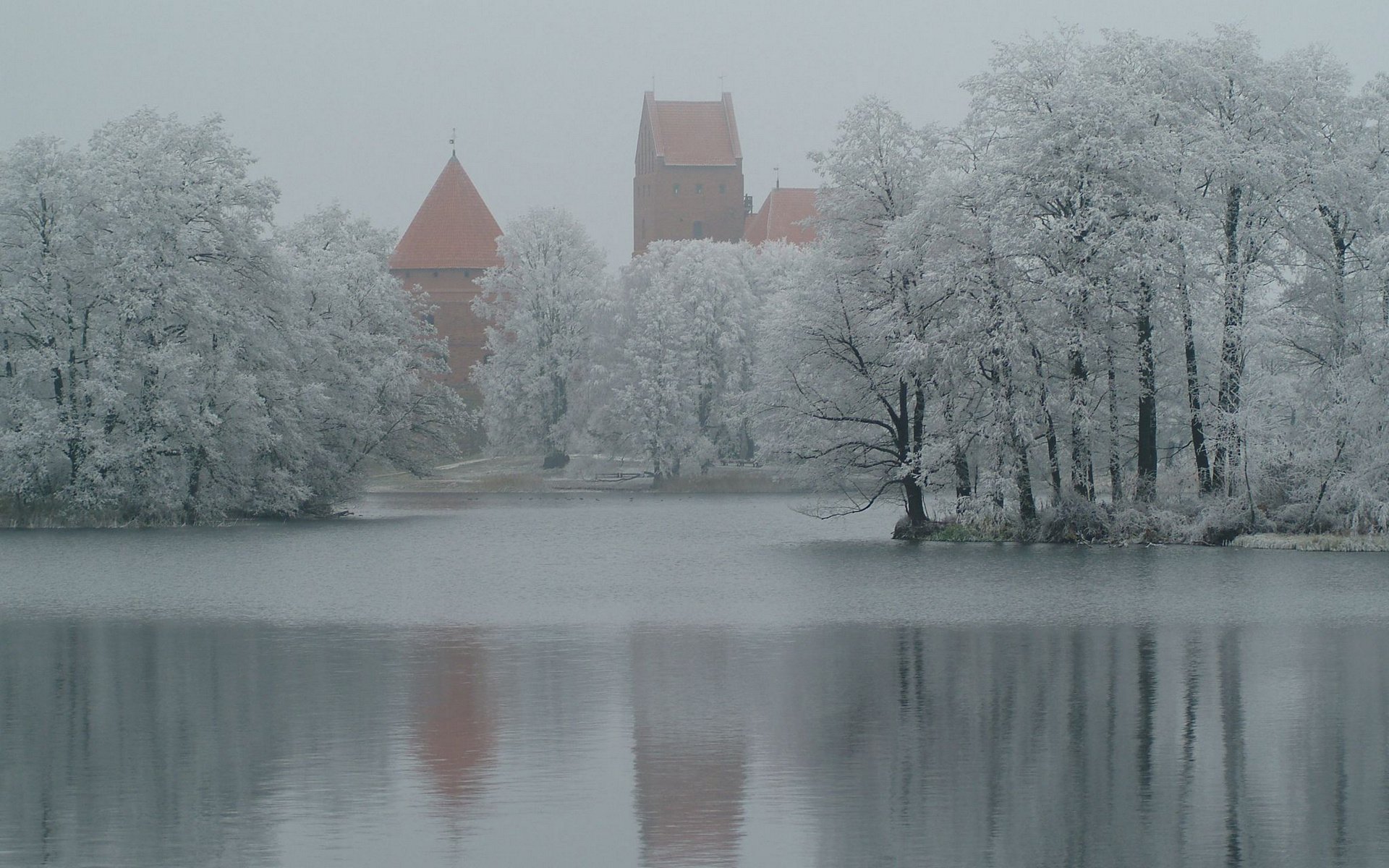 winter trees snow fortress lake