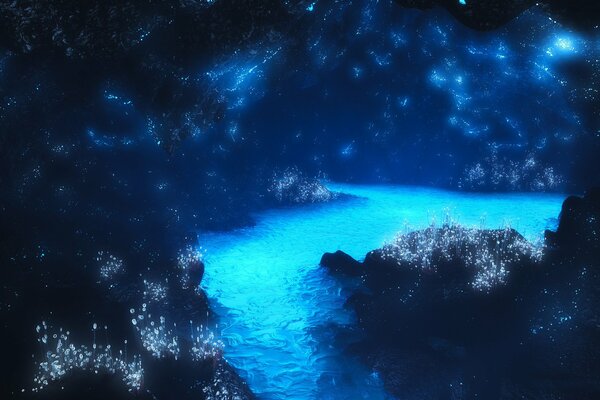 Blue glowing river in the cave