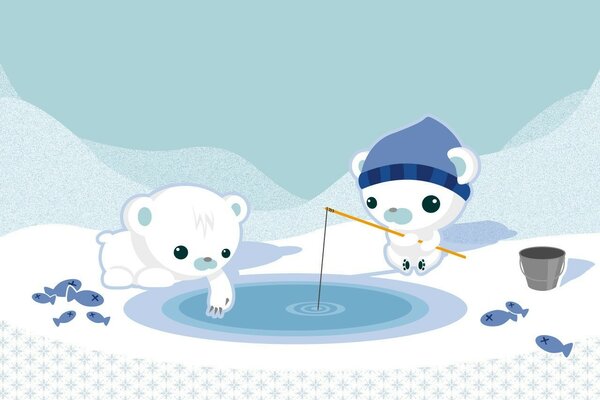 Two white bear cubs are fishing