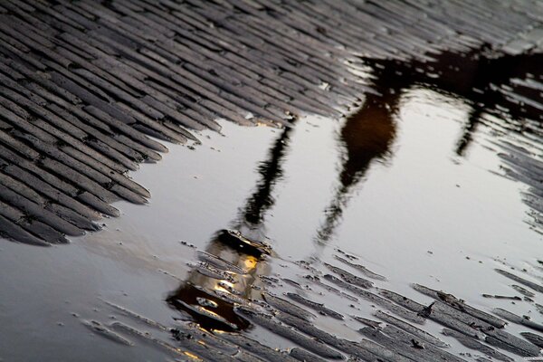 Reflection of a lantern in a puddle after rain