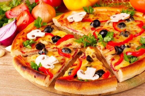 Beautiful delicious photo of pizza with olives and mushrooms