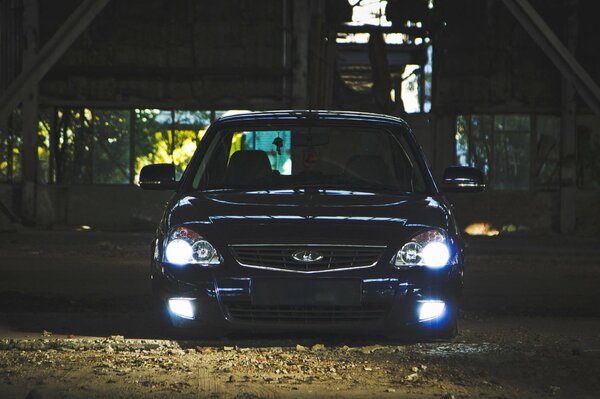 Lada Priora understated with headlights on