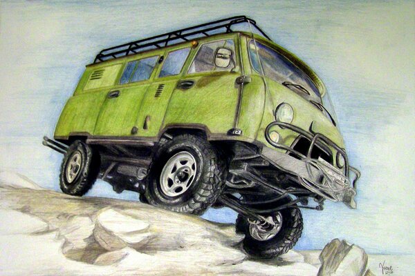  Pain - une voiture tout-terrain. UAZ-452 / UAZ-3741. Image dessinée