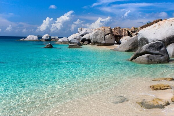 The rocky shore of the turquoise sea